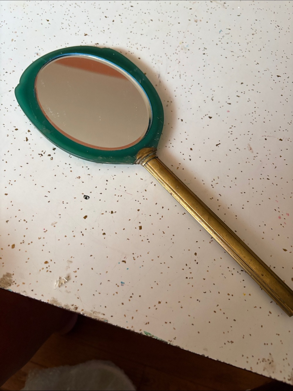 Green and Brass Handheld Vanity Mirror -Vintage